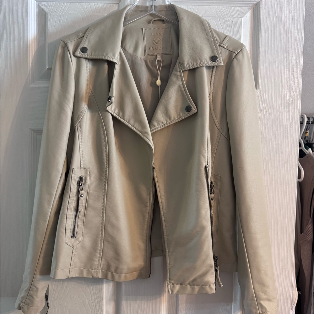 Max Studio Beige Faux Leather Moto Jacket